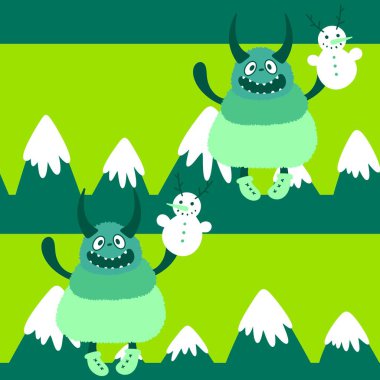 Kış canavarları, kağıt, kumaş, çarşaf ve çocuk giysileri baskısı ve yeni yıl ambalajı için kusursuz Noel Yeti desenleri. Yüksek kaliteli illüstrasyon