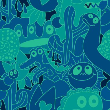 Çizgi filmlerdeki hayvanlar çocuk için kusursuz canavar desenleri giysi baskısı, kumaş, kumaş ve yaz partisi aksesuarları ve moda tekstili.