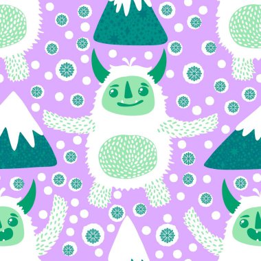 Kış canavarları, kağıt, kumaş, çarşaf ve çocuk giysileri baskısı ve yeni yıl ambalajı için kusursuz Noel Yeti desenleri. Yüksek kaliteli illüstrasyon