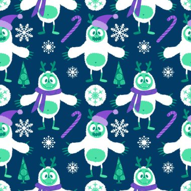 Kış canavarları, kağıt, kumaş, çarşaf ve çocuk giysileri baskısı ve yeni yıl ambalajı için kusursuz Noel Yeti desenleri. Yüksek kaliteli illüstrasyon