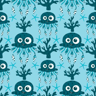 Yaz okyanus hayvanları, ambalajsız denizanası desenli ambalaj kağıtları, kumaşlar, çarşaflar, çocuk giysileri ve parti aksesuarları için. Yüksek kaliteli illüstrasyon