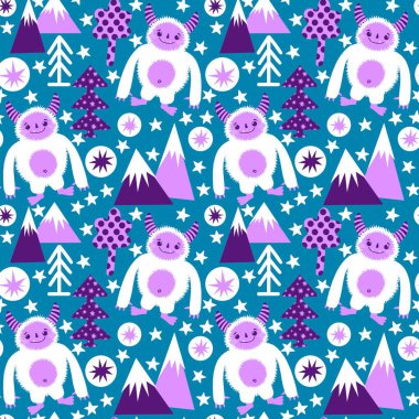 Kış canavarları, kağıt, kumaş, çarşaf ve çocuk giysileri baskısı ve yeni yıl ambalajı için kusursuz Noel Yeti desenleri. Yüksek kaliteli illüstrasyon