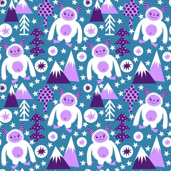 Kış canavarları, kağıt, kumaş, çarşaf ve çocuk giysileri baskısı ve yeni yıl ambalajı için kusursuz Noel Yeti desenleri. Yüksek kaliteli illüstrasyon