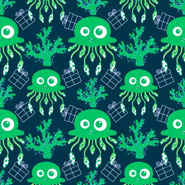 Yaz okyanus hayvanları, ambalajsız denizanası desenli ambalaj kağıtları, kumaşlar, çarşaflar, çocuk giysileri ve parti aksesuarları için. Yüksek kaliteli illüstrasyon