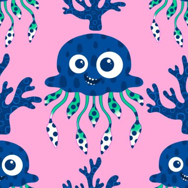 Yaz okyanus hayvanları, ambalajsız denizanası desenli ambalaj kağıtları, kumaşlar ve çocuk kıyafetleri ve parti aksesuarları için. Yüksek kaliteli illüstrasyon