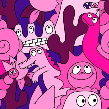 Çizgi filmlerdeki hayvanlar çocuk için kusursuz canavar desenleri giysi baskısı, kumaş, kumaş ve yaz partisi aksesuarları ve moda tekstili.