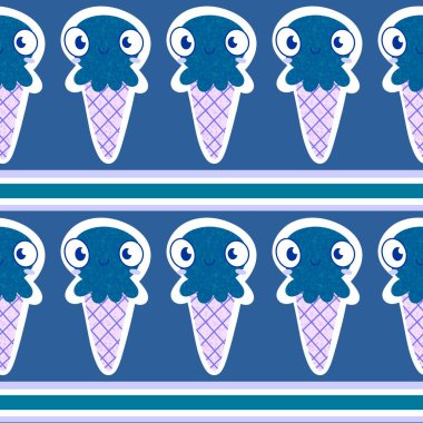 Yaz okyanusundaki hayvanlar dikişsiz ahtapot ve kağıt, kumaş ve çocuk giysileri ve parti aksesuarları için dondurma deseni. Yüksek kaliteli illüstrasyon