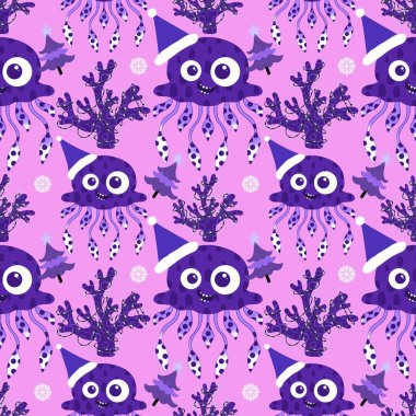 Yaz okyanus hayvanları, ambalajsız denizanası desenli ambalaj kağıtları, kumaşlar, çarşaflar, çocuk giysileri ve parti aksesuarları için. Yüksek kaliteli illüstrasyon