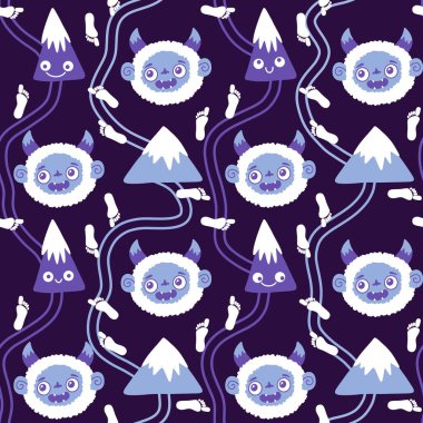 Kış canavarları, kağıt, kumaş, çarşaf ve çocuk giysileri baskısı ve yeni yıl ambalajı için kusursuz Noel Yeti desenleri. Yüksek kaliteli illüstrasyon