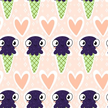 Yaz okyanusundaki hayvanlar dikişsiz ahtapot ve kağıt, kumaş ve çocuk giysileri ve parti aksesuarları için dondurma deseni. Yüksek kaliteli illüstrasyon