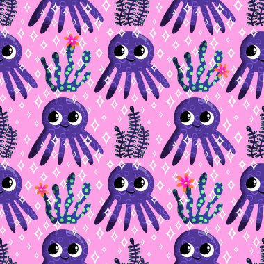 Yaz okyanusu hayvanları çocuk için kusursuz şirin ahtapot deseni kumaşlar ve moda tekstil ürünleri ve parti aksesuarları için kıyafet baskısı ve ambalaj kağıdı.