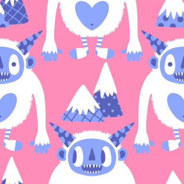 Kış canavarları, kağıt, kumaş, çarşaf ve çocuk giysileri baskısı ve yeni yıl ambalajı için kusursuz Noel Yeti desenleri. Yüksek kaliteli illüstrasyon