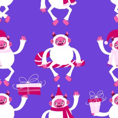 Kış canavarları, kağıt, kumaş, çarşaf ve çocuk giysileri baskısı ve yeni yıl ambalajı için kusursuz Noel Yeti desenleri. Yüksek kaliteli illüstrasyon