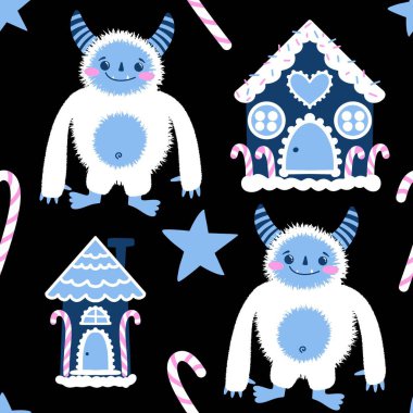 Kış canavarları, kağıt, kumaş, çarşaf ve çocuk giysileri baskısı ve yeni yıl ambalajı için kusursuz Noel Yeti desenleri. Yüksek kaliteli illüstrasyon