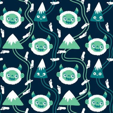 Kış canavarları, kağıt, kumaş, çarşaf ve çocuk giysileri baskısı ve yeni yıl ambalajı için kusursuz Noel Yeti desenleri. Yüksek kaliteli illüstrasyon