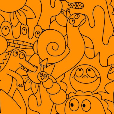 Çizgi filmlerdeki hayvanlar çocuk için kusursuz canavar desenleri giysi baskısı, kumaş, kumaş ve yaz partisi aksesuarları ve moda tekstili.