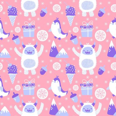 Kış canavarları, kağıt, kumaş, çarşaf ve çocuk giysileri baskısı ve yeni yıl ambalajı için kusursuz Noel Yeti desenleri. Yüksek kaliteli illüstrasyon