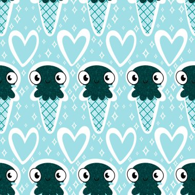 Yaz okyanusundaki hayvanlar dikişsiz ahtapot ve kağıt, kumaş ve çocuk giysileri ve parti aksesuarları için dondurma deseni. Yüksek kaliteli illüstrasyon