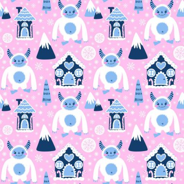 Kış canavarları, kağıt, kumaş, çarşaf ve çocuk giysileri baskısı ve yeni yıl ambalajı için kusursuz Noel Yeti desenleri. Yüksek kaliteli illüstrasyon