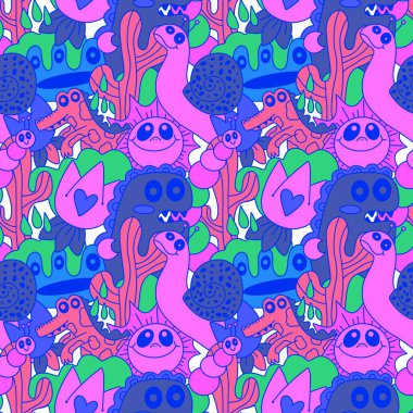 Çizgi filmlerdeki hayvanlar çocuk için kusursuz canavar desenleri giysi baskısı, kumaş, kumaş ve yaz partisi aksesuarları ve moda tekstili.