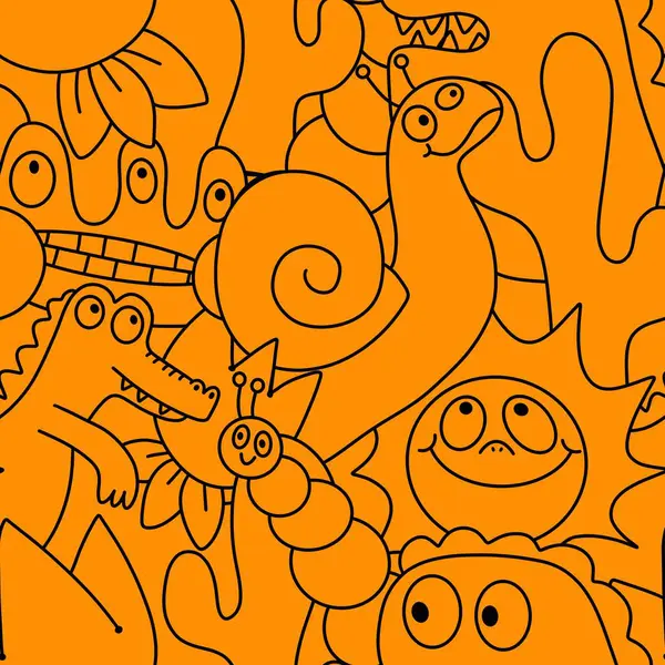 Çizgi filmlerdeki hayvanlar çocuk için kusursuz canavar desenleri giysi baskısı, kumaş, kumaş ve yaz partisi aksesuarları ve moda tekstili.