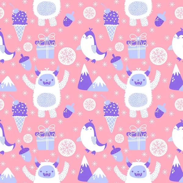 Kış canavarları, kağıt, kumaş, çarşaf ve çocuk giysileri baskısı ve yeni yıl ambalajı için kusursuz Noel Yeti desenleri. Yüksek kaliteli illüstrasyon