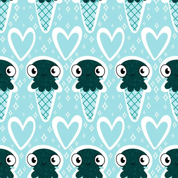 Yaz okyanusundaki hayvanlar dikişsiz ahtapot ve kağıt, kumaş ve çocuk giysileri ve parti aksesuarları için dondurma deseni. Yüksek kaliteli illüstrasyon