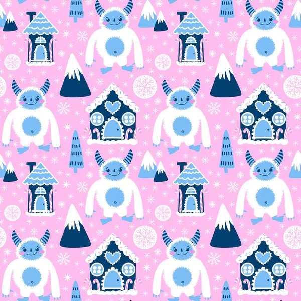 Kış canavarları, kağıt, kumaş, çarşaf ve çocuk giysileri baskısı ve yeni yıl ambalajı için kusursuz Noel Yeti desenleri. Yüksek kaliteli illüstrasyon