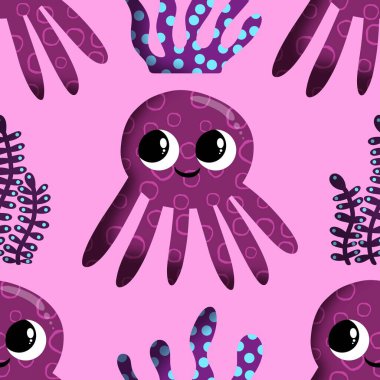 Yaz okyanusu hayvanları çocuk için kusursuz şirin ahtapot deseni kumaşlar ve moda tekstil ürünleri ve parti aksesuarları için kıyafet baskısı ve ambalaj kağıdı.