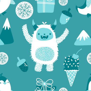 Kış canavarları, kağıt, kumaş, çarşaf ve çocuk giysileri baskısı ve yeni yıl ambalajı için kusursuz Noel Yeti desenleri. Yüksek kaliteli illüstrasyon