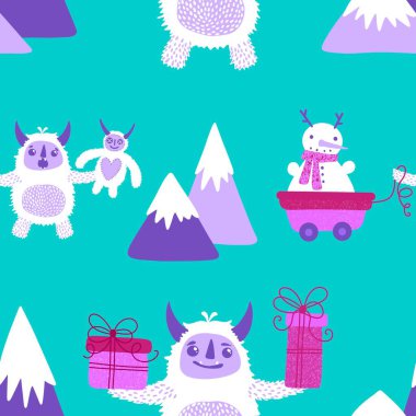 Kış canavarları, kağıt, kumaş, çarşaf ve çocuk giysileri baskısı ve yeni yıl ambalajı için kusursuz Noel Yeti desenleri. Yüksek kaliteli illüstrasyon
