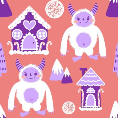 Kış canavarları, kağıt, kumaş, çarşaf ve çocuk giysileri baskısı ve yeni yıl ambalajı için kusursuz Noel Yeti desenleri. Yüksek kaliteli illüstrasyon