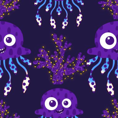 Yaz okyanus hayvanları, ambalajsız denizanası desenli ambalaj kağıtları, kumaşlar ve çocuk kıyafetleri ve parti aksesuarları için. Yüksek kaliteli illüstrasyon