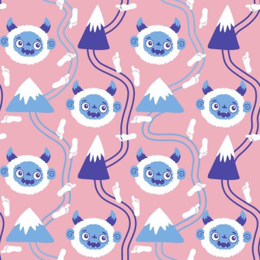 Kış canavarları, kağıt, kumaş, çarşaf ve çocuk giysileri baskısı ve yeni yıl ambalajı için kusursuz Noel Yeti desenleri. Yüksek kaliteli illüstrasyon