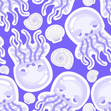 Yaz okyanus hayvanları, ambalajsız denizanası desenli ambalaj kağıtları, kumaşlar, çarşaflar, çocuk giysileri ve parti aksesuarları için. Yüksek kaliteli illüstrasyon