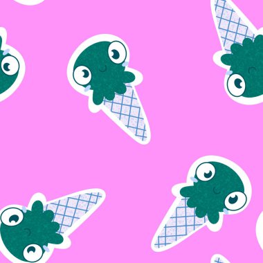 Yaz okyanusundaki hayvanlar dikişsiz ahtapot ve kağıt, kumaş ve çocuk giysileri ve parti aksesuarları için dondurma deseni. Yüksek kaliteli illüstrasyon