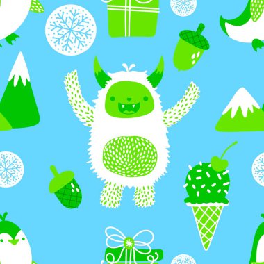 Kış canavarları, kağıt, kumaş, çarşaf ve çocuk giysileri baskısı ve yeni yıl ambalajı için kusursuz Noel Yeti desenleri. Yüksek kaliteli illüstrasyon