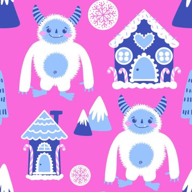 Kış canavarları, kağıt, kumaş, çarşaf ve çocuk giysileri baskısı ve yeni yıl ambalajı için kusursuz Noel Yeti desenleri. Yüksek kaliteli illüstrasyon