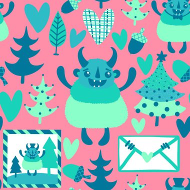 Kış canavarları, kağıt, kumaş, çarşaf ve çocuk giysileri baskısı ve yeni yıl ambalajı için kusursuz Noel Yeti desenleri. Yüksek kaliteli illüstrasyon