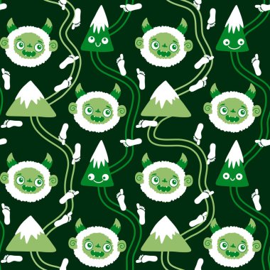 Kış canavarları, kağıt, kumaş, çarşaf ve çocuk giysileri baskısı ve yeni yıl ambalajı için kusursuz Noel Yeti desenleri. Yüksek kaliteli illüstrasyon