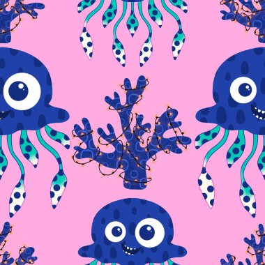 Yaz okyanus hayvanları, ambalajsız denizanası desenli ambalaj kağıtları, kumaşlar, çarşaflar, çocuk giysileri ve parti aksesuarları için. Yüksek kaliteli illüstrasyon