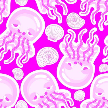 Yaz okyanus hayvanları, ambalajsız denizanası desenli ambalaj kağıtları, kumaşlar, çarşaflar, çocuk giysileri ve parti aksesuarları için. Yüksek kaliteli illüstrasyon