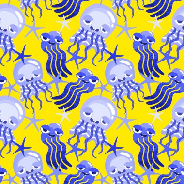 Yaz okyanusu hayvanları kağıt, kumaş, çarşaf ve çocuk kıyafetleri ve parti aksesuarları için kusursuz ahtapot desenleri. Yüksek kaliteli illüstrasyon