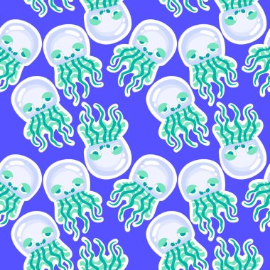 Yaz okyanus hayvanları, ambalajsız denizanası desenli ambalaj kağıtları, kumaşlar, çarşaflar, çocuk giysileri ve parti aksesuarları için. Yüksek kaliteli illüstrasyon