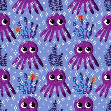 Yaz okyanusu hayvanları çocuk için kusursuz şirin ahtapot deseni kumaşlar ve moda tekstil ürünleri ve parti aksesuarları için kıyafet baskısı ve ambalaj kağıdı.
