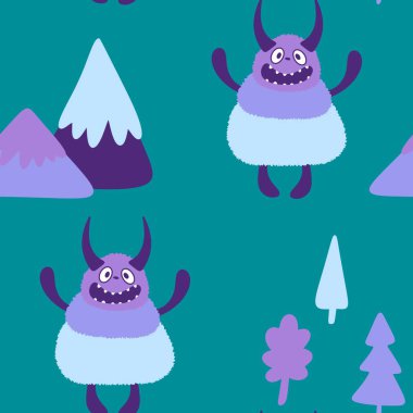 Kış canavarları, kağıt, kumaş, çarşaf ve çocuk giysileri baskısı ve yeni yıl ambalajı için kusursuz Noel Yeti desenleri. Yüksek kaliteli illüstrasyon