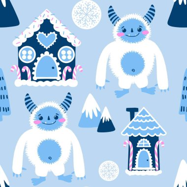 Kış canavarları, kağıt, kumaş, çarşaf ve çocuk giysileri baskısı ve yeni yıl ambalajı için kusursuz Noel Yeti desenleri. Yüksek kaliteli illüstrasyon