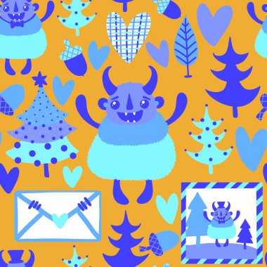 Kış canavarları, kağıt, kumaş, çarşaf ve çocuk giysileri baskısı ve yeni yıl ambalajı için kusursuz Noel Yeti desenleri. Yüksek kaliteli illüstrasyon