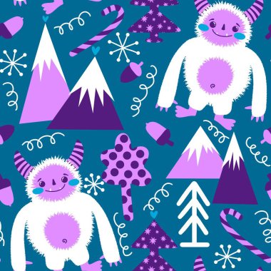 Kış canavarları, kağıt, kumaş, çarşaf ve çocuk giysileri baskısı ve yeni yıl ambalajı için kusursuz Noel Yeti desenleri. Yüksek kaliteli illüstrasyon