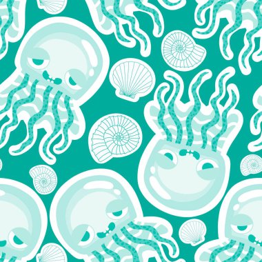 Yaz okyanus hayvanları, ambalajsız denizanası desenli ambalaj kağıtları, kumaşlar, çarşaflar, çocuk giysileri ve parti aksesuarları için. Yüksek kaliteli illüstrasyon